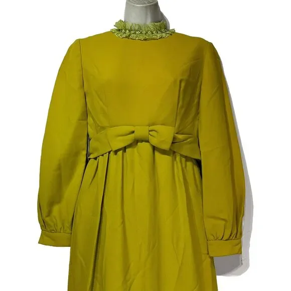 vintage lorrie deb green lace collar long sleeve bow waist modesty dress Size 9 - Picture 2 of 11